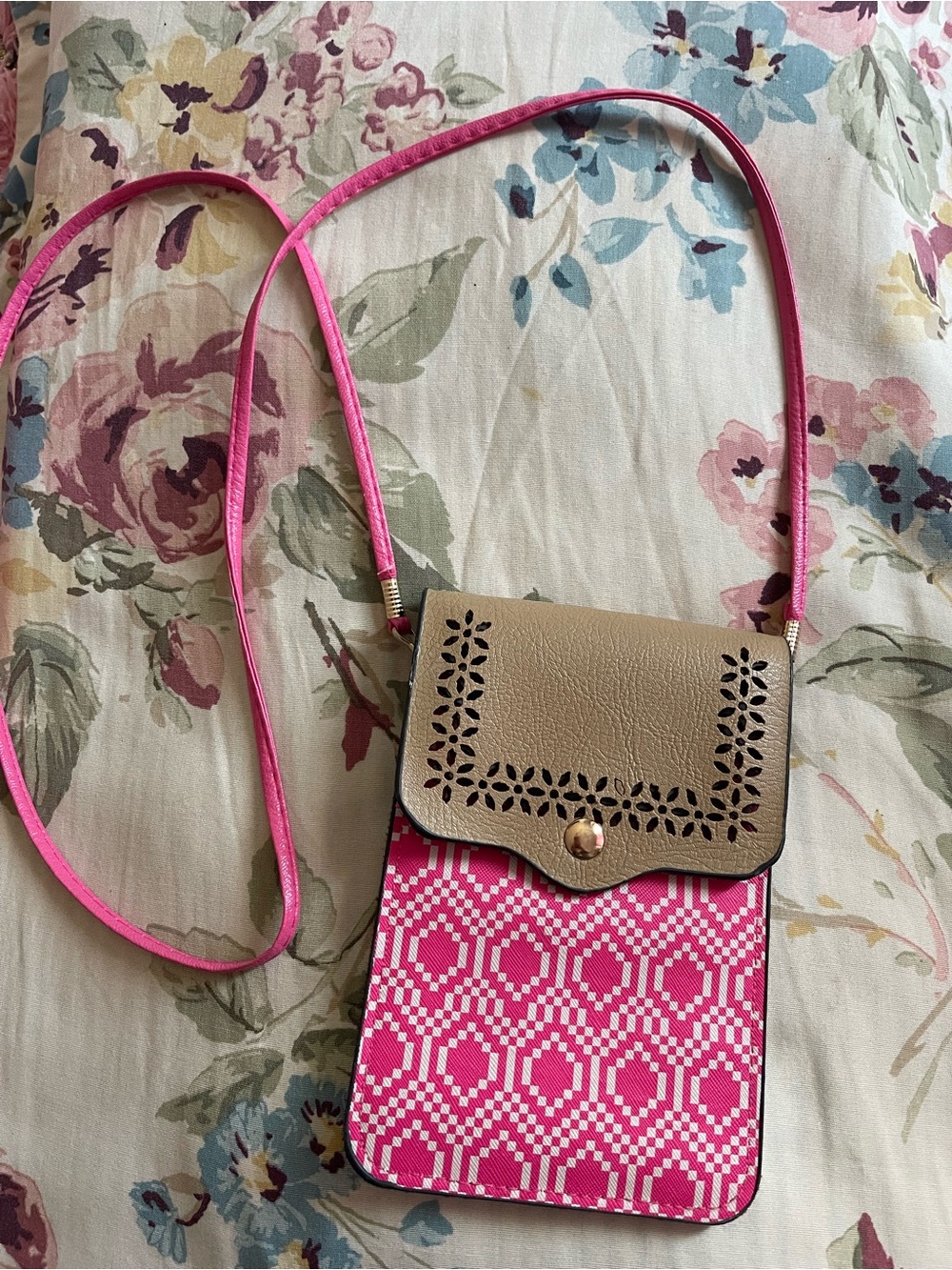 Women's Pink Patterned Crossbody Bag with Tan Flap